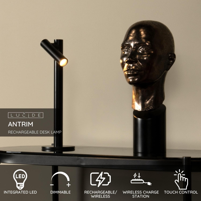 Lucide ANTRIM - Nabíjacia stolová lampa - Batéria - LED Dim. - 1x2,2W 2700K - IP54 - S bezdrôtovou nabíjacou podložkou - Čierna